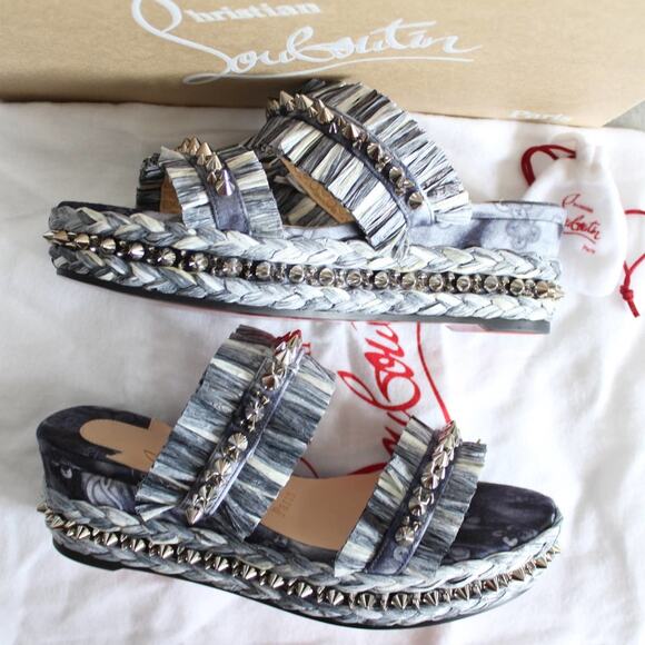 Christian Louboutin Tie-Dye Rafia Straw Flatform Slide Sandals - Picture 9 of 14